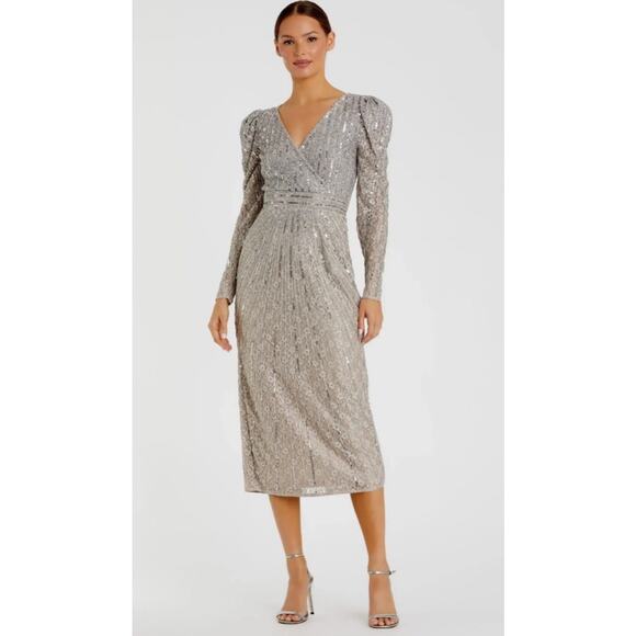 Mac Duggal 93676 Silver Beaded Lace Long Sleeve Midi Dress size 10 New with Tags - Picture 2 of 8